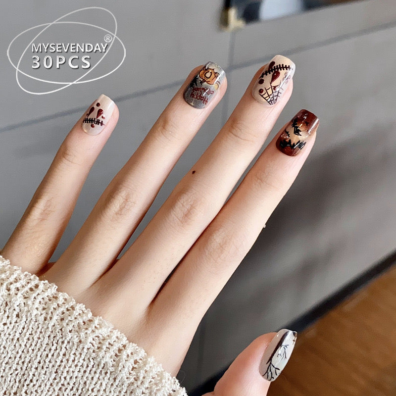 Halloween Trendy Wearable Nails – 30 Pieces Hand-painted Doodle Press-on Acrylic Nails, Removable Spicy Girl Fake Fingernails for Festive Celebrations